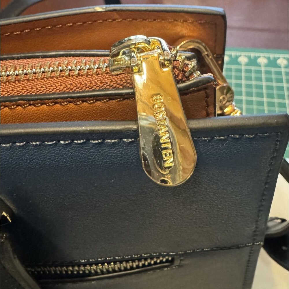 Bostanten Navy Blue Leather Tote Handbag Gold Hardware Adjustable Strap - Picture 4 of 9